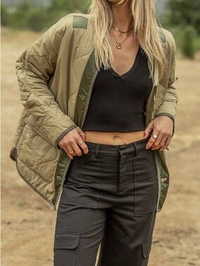 Bohme Oversized Quilted Double-Patch Pocket Liner Jacket in Olive Green XS